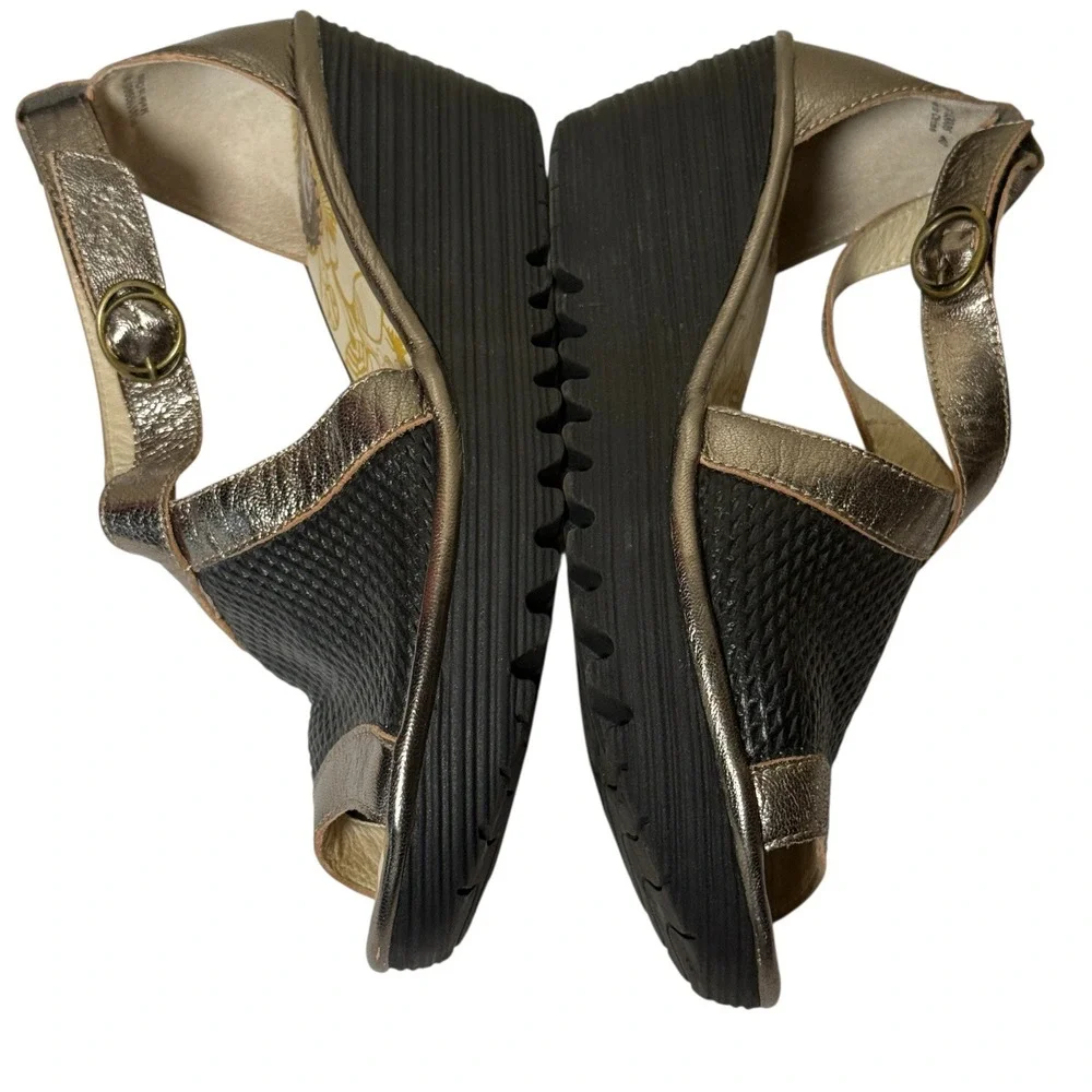 FLY LONDON YACE Wedge Sandals Perforated Black Leather Metallic EU 40‎ Size 9